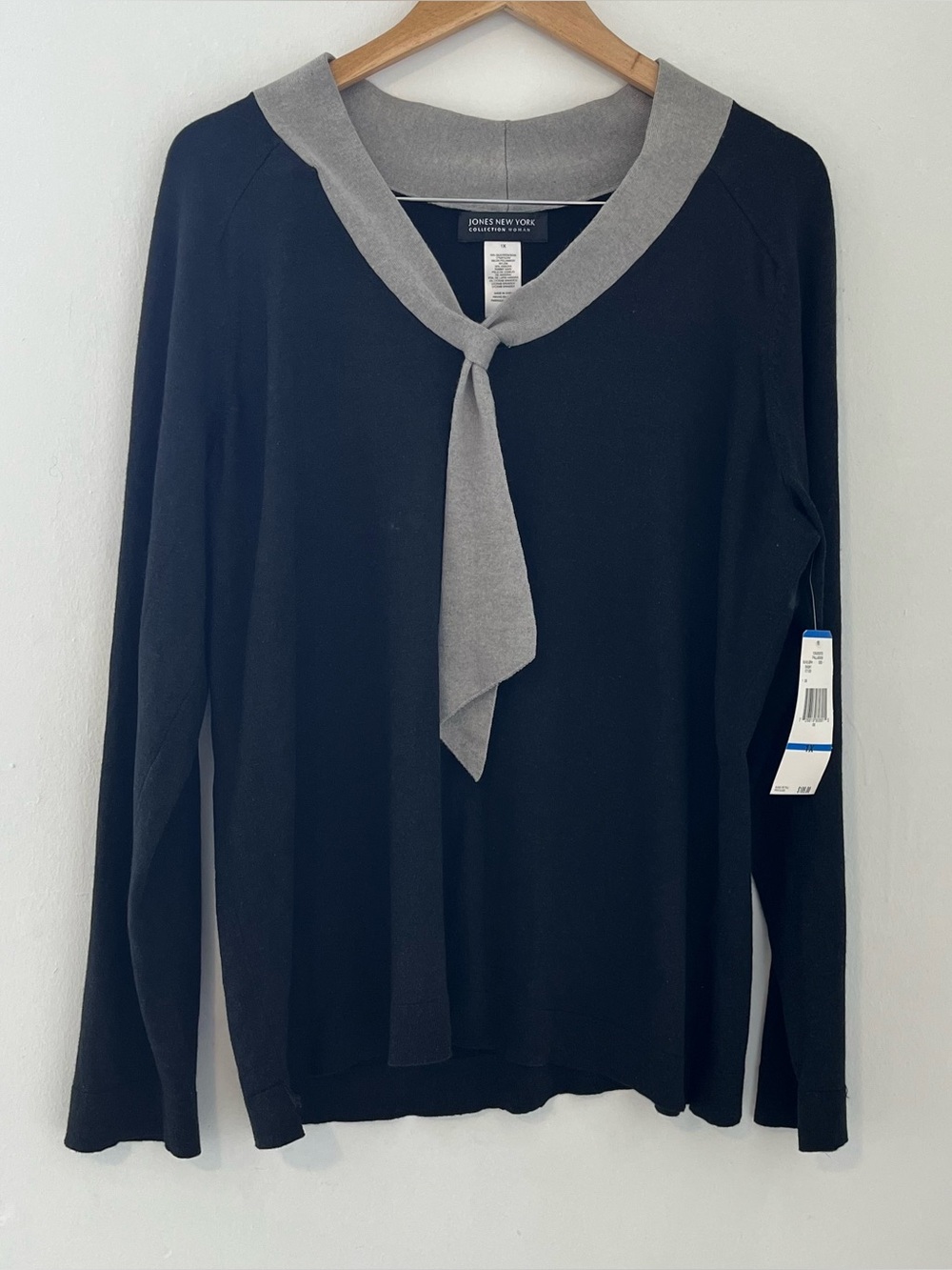 Jones New York Silk Blend Business CasualBlack Sweater with Gray Tie-Neck Accent